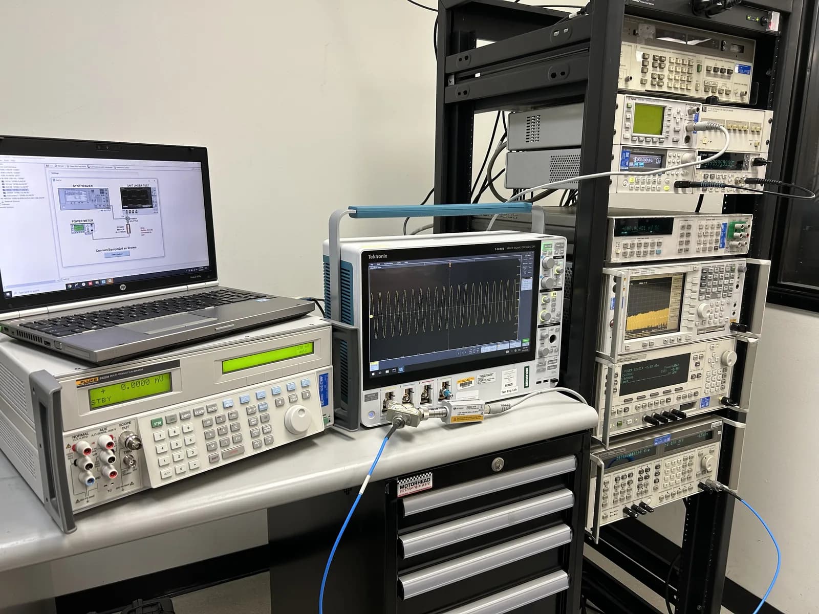 Automated electrical and RF calibration bench at American Gage: a Fluke 5522A multi-product calibrator and a mixed-signal oscilloscope connected as the unit under test, alongside a rack of RF signal generators and analyzers